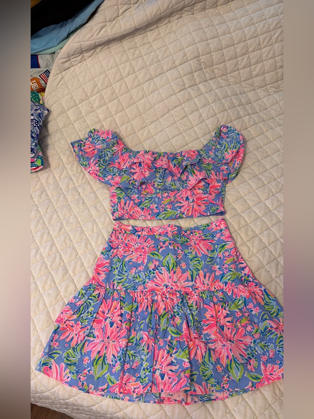 Lilly Pulitzer Pink Floral Two-Piece Dress Set on Blue